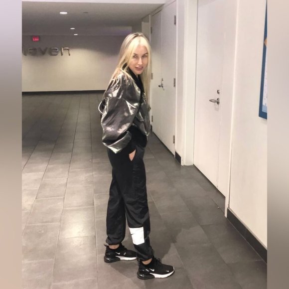 Women's Cropped Shiny Metallic Zip Front Bomber Jacket Navy Blue One Size - Picture 5 of 7